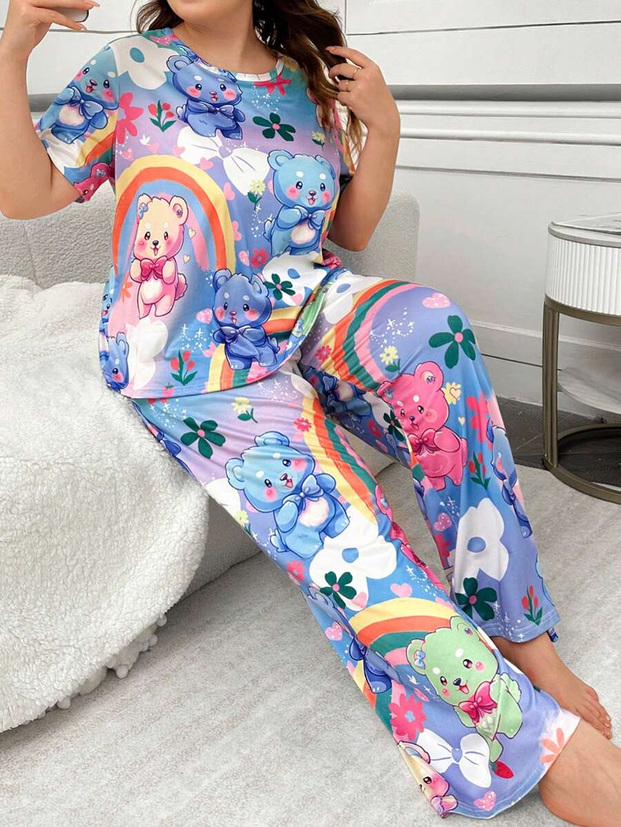 Plus Cartoon Print Crew Neck Short Sleeve Top And Pants Pajama Set, Fall Clothes - Multicolor - View 1