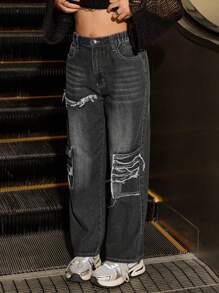 Y2K Style Distressed Pockets Casual Straight Leg Jeans For Teens - Black - View 4
