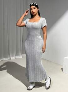 SHEIN EZwear Plus Size Women Grey Ribbed Short Sleeve Knit Dress - Grey - View 5