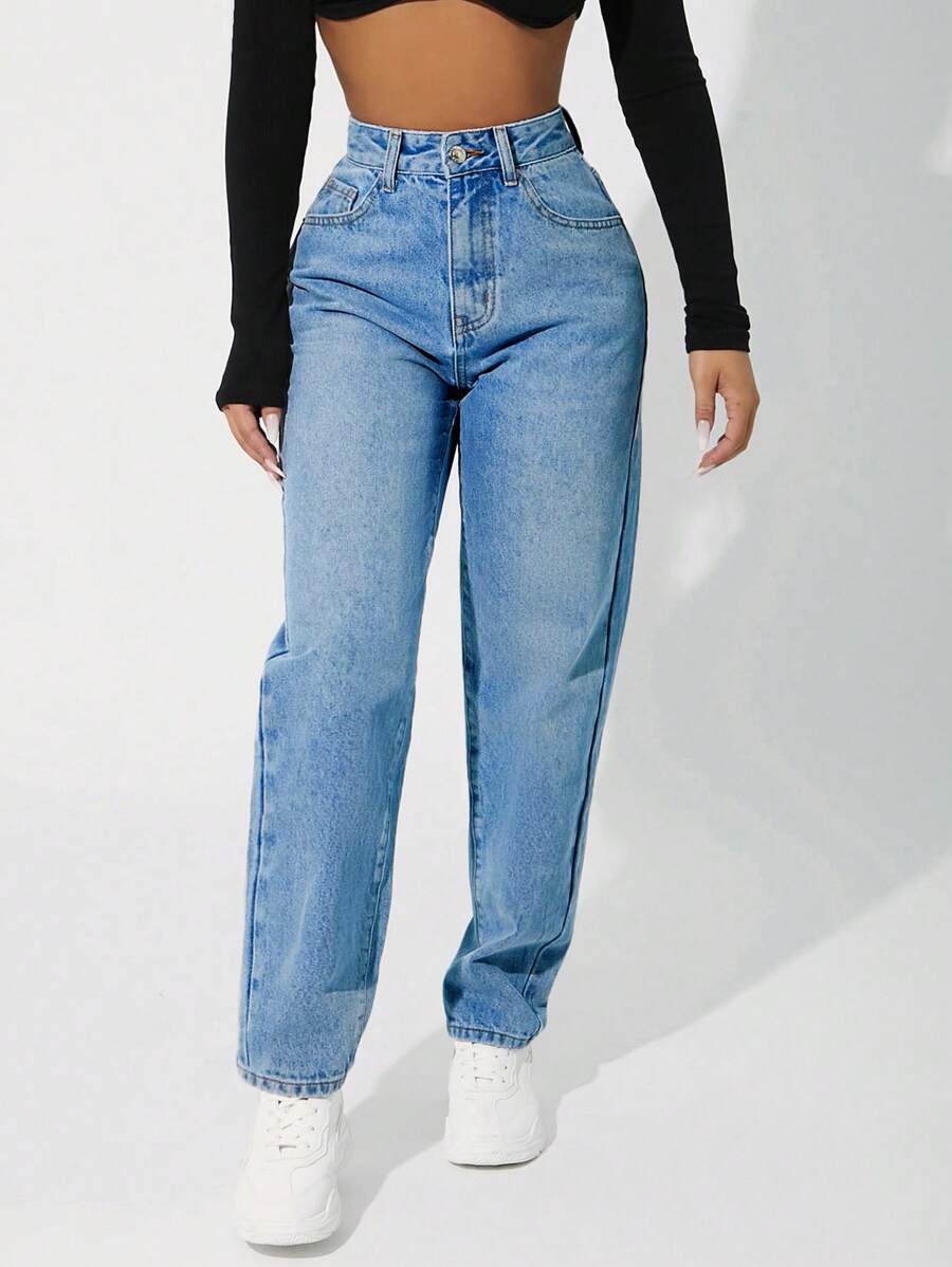 EURMUSE Zipper Fly Mom Fit Jeans - Baby Blue - View 1
