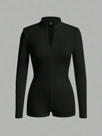 Slaydiva Casual White Ribbed Long Sleeve Front Zipper Jumpsuit - E