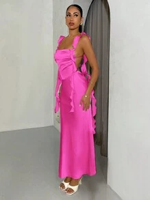 SHEIN BAE Women Summer Spaghetti Strap Backless Swing Dress, Graduation/Wedding Guest Dress