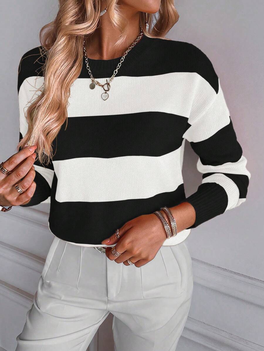 Chiquease 条纹圆领套头毛衣，秋冬针织套头衫 - 彩色 - 查看 1