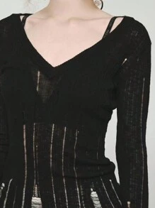 INAWLY 女士纯色 V 领长袖毛衣 - 黑色 - 查看 3