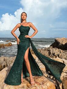 Elegant Women's Sequin Sleeveless Asymmetrical Neck Long Party Dress With Draped & Ruched Slit Thigh Details, Perfect Formal Gown - Dark Green - View 4