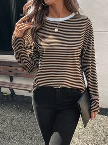 SHEIN LUNE Áo thun nữ sọc dài tay cơ bản đơn giản có cổ tương phản - Nhiều màu - Xem 6