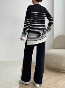 EURMUSE Women Irregular Stripe Pattern Round Neck Drop Shoulder Pullover & Sweater Pants Set - Black and White - View 2