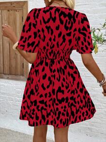 Breezaya V-Neck Short Sleeve Allover Print Ruched Hem Casual Mini Dress (Allover Print Pattern Asymmetric) - Red - View 2