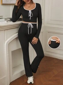 SHEIN 2pcs Maternity Front Tie Long Sleeve Crop Top And Pants Set, Spring Summer - Black - View 1