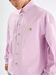 Manfinity VCAY 2 件套男士休闲宽松纯色长袖衬衫和松紧腰短裤套装 - 粉色 - 查看 5