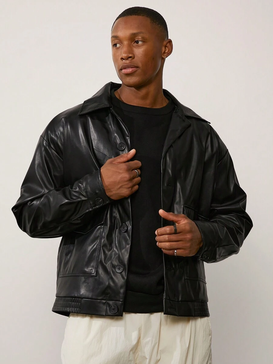 Forever 21 Herrjacka i överdimensionerad Harrington-modell i konstläder i svart, höst - Svart - Visa 1