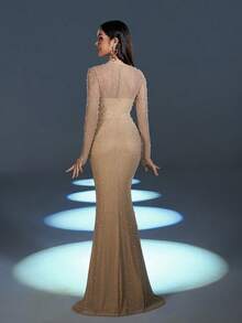 Faeriesty Pearl Embellished High Neck Fishtail Hem Formal Party Dress - Apricot - View 3