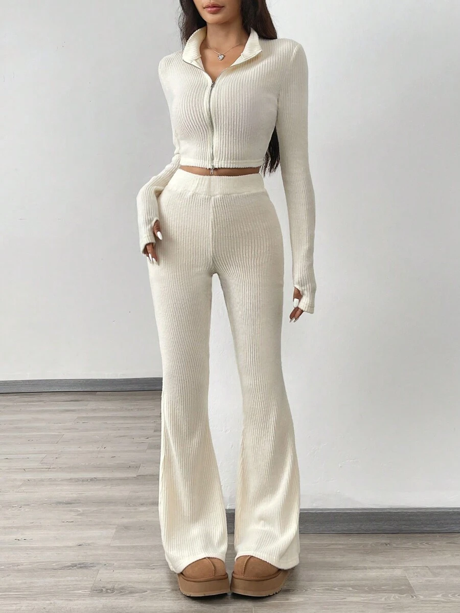 SHEIN EZwear Women's Apricot Color Knitted Casual Suit, Fall Two Pieces Outfit Set - Apricot - View 1