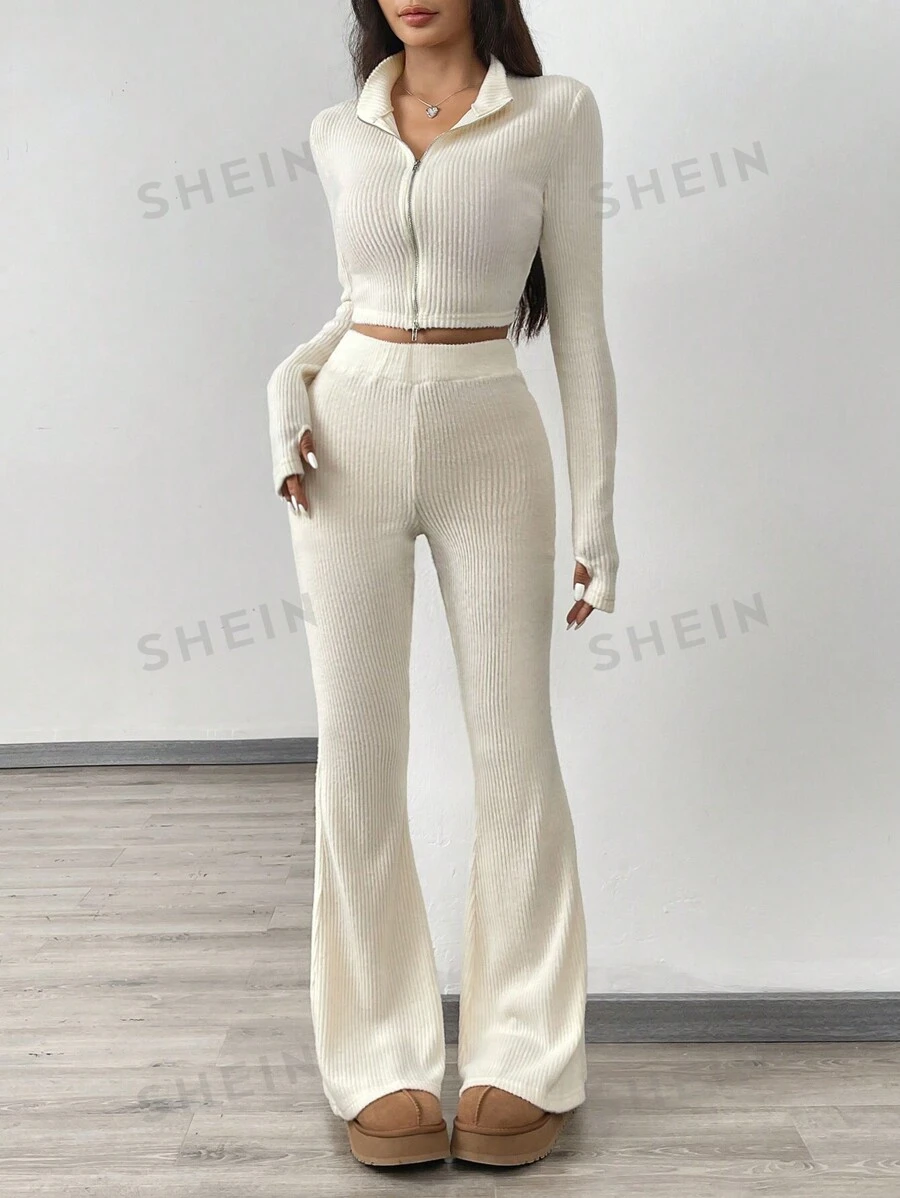 SHEIN EZwear Damen gestrickter Freizeitanzug in Aprikotfarbe, zweiStücke Outfit-Set für den Herbst - Aprikosenfarben - Übersicht 1