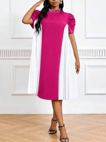 SHEIN Lady Váy dự tiệc Giáng sinh cỡ lớn Váy công sở cho phụ nữ Váy đen trắng cổ xếp ly Tay bồng đính hạt Váy dự tiệc trang trọng Váy dự tiệc cưới thanh lịch - Màu Hồng Tươi - Xem 4