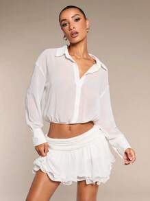 SHEIN BAE 女士休闲纯色短款衬衫，春夏 - 白色 - 查看 5