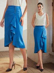 MOTF Classy SOLID BUTTON RUCHED WRAP RUFFLE HEM SKIRT - Blue - View 9