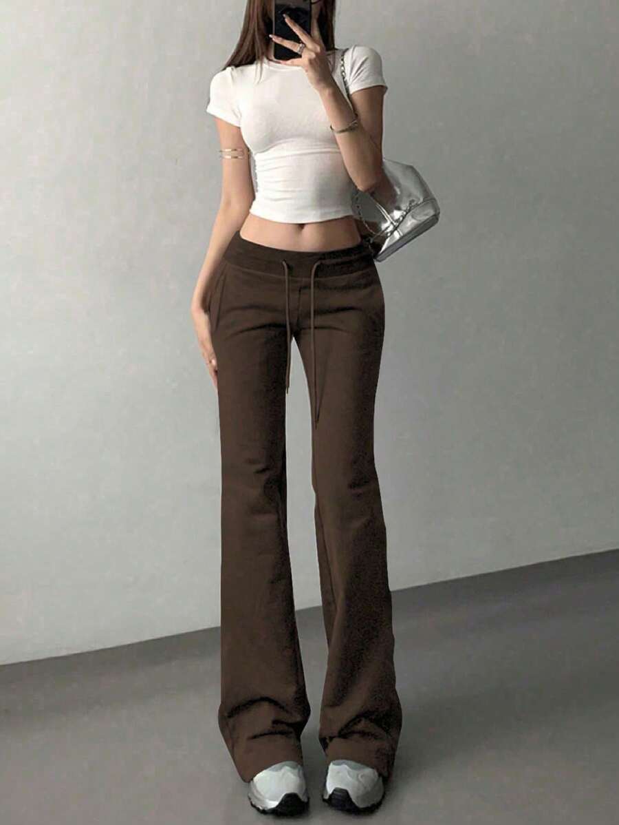 INAWLY Của phụ nữ Màu thuần Eo dây rút Chân loe Quần thể thao - màu nâu - Xem 1