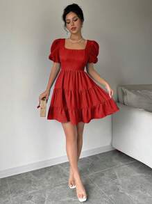 RosyDaze Vestido nuevo 2025 de verano con cuello halter, mangas abullonadas, espalda descubierta, lazo y dobladillo con volantes en color rojo, para uso en conciertos, playa, vacaciones y ocio