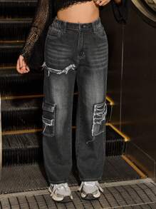 Y2K Style Distressed Pockets Casual Straight Leg Jeans For Teens - Black - View 5