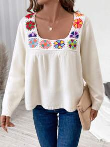 SHEIN LUNE Square Neck Floral Embroidery Long Sleeve Sweater, Random Flower Color Knit Pullover Fall Winter Outfit