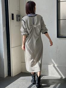 FRIFUL Váy dài sọc giản dị xuân/thu cho nữ - Nhiều màu - Xem 7