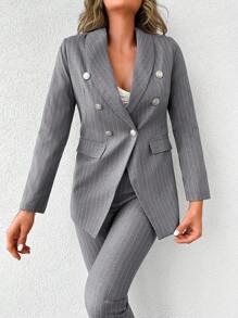 SHEIN Cottnline Striped Print Double Breasted Blazer & Pants - Light Grey - View 3