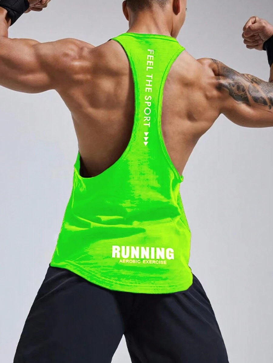 Manfinity Fitness 男友风男士圆领字母印花设计户外休闲运动背心 - 薄荷綠 - 查看 1