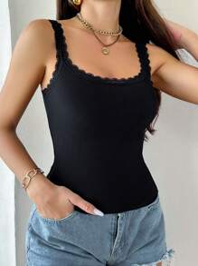 Snug Zone 2pcs/Set Lace Patchwork Solid Color Black Undershirt Tank Top - Multicolor - View 6