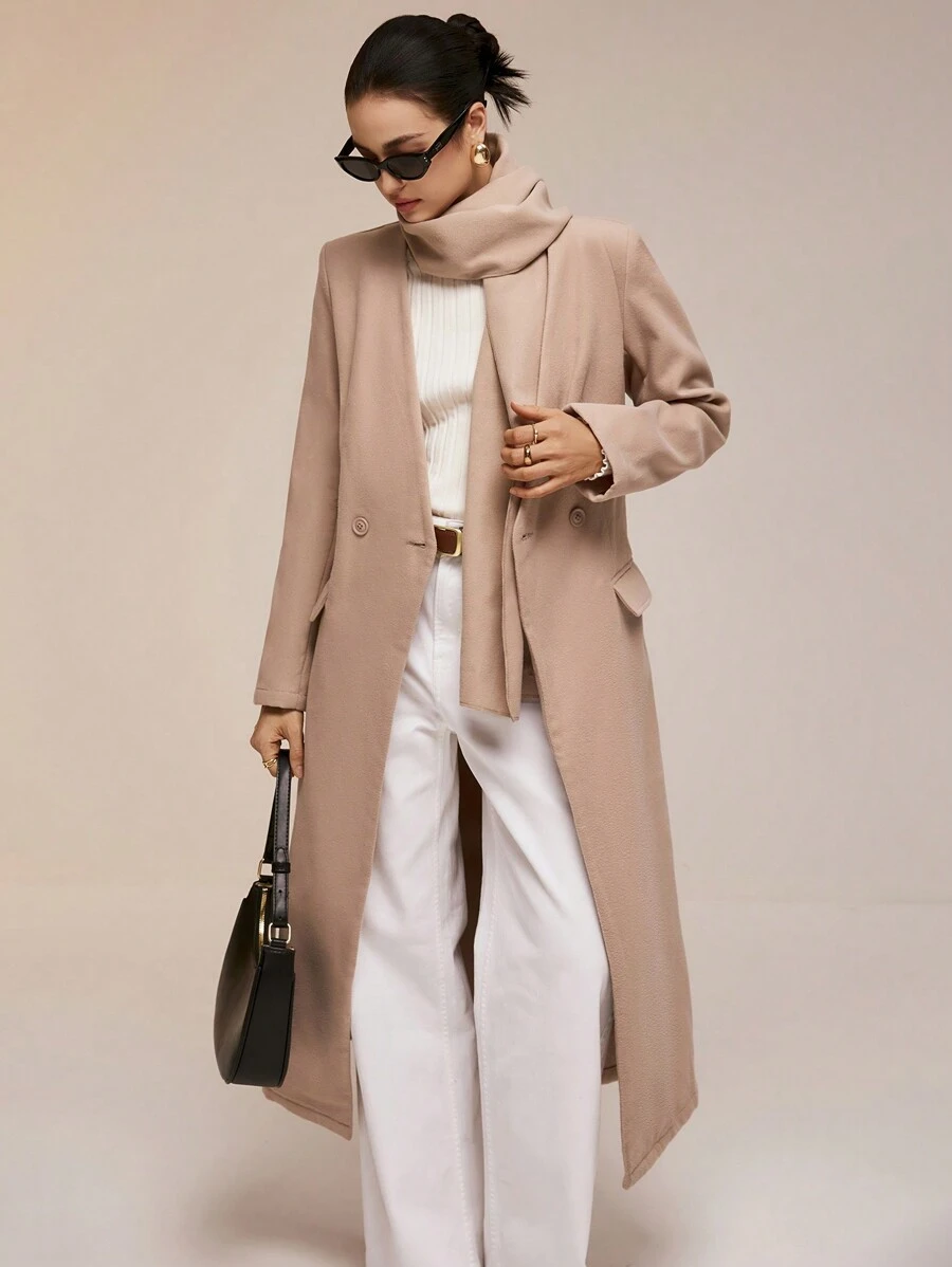 Poéselle Women's Casual Solid Color Double Breasted Long Overcoat With Scarf, Autumn Winter - Khaki - View 1