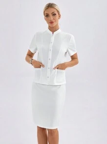 TaskEZ Camisa de trabajo de manga corta de unicolor con bolsillo para mujeres