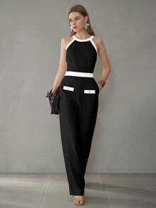 MOTF PREMIUM MONO CON CUELLO DE HALTER, BOLSILLOS EN SESGADO Y RIBETE CONTRASTADO - Blanco y Negro - Ver 5