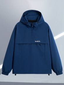 Manfinity Homme Men's Letter Print Long Sleeve Casual Hooded Outdoor Windbreaker Jacket, Spring Autumn - Blue - View 1