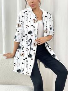 SHEIN LUNE Damen Jacke mit durchgehendem Reißverschluss, ganzflächigem Blumen Muster, Kapuze, Lässig-Stil