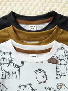 SHEIN 3pcs Pack Infant Baby Boys Casual Comfortable Dinosaur Print Long Sleeve Top, Fall/Winter