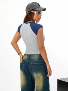 SHEIN EZwear Women's Spring/Summer Streetwear Sport Color-Blocked Number Pattern T-Shirt T Shirt - Grey - View 2