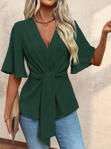 Chiquease Solid V-Neck Crossed Wrap Asymmetric Hem Short Sleeve Blouse - Dark Green - View 5