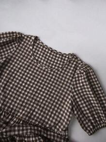 Breezaya 女士时尚格子圆领短袖泡泡袖荷叶边优雅连衣裙长款度假沙滩装 - 彩色 - 查看 5