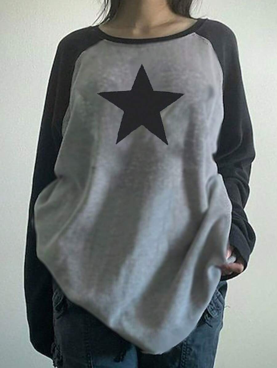 DAZY Women's Fashion Basic Patchwork Contrast Color Casual Print T-Shirt - Grey - View 1