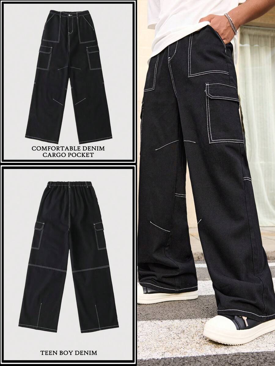 SHEIN 青少年男童时尚休闲撞色缝线工装口袋设计黑色牛仔宽松直筒牛仔裤，适合日常穿着和秋季穿着 - 黑色 - 查看 1