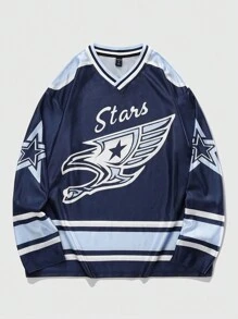 ROMWE MEN Prep 男式撞色印花长袖冰球球衣 T 恤，秋季