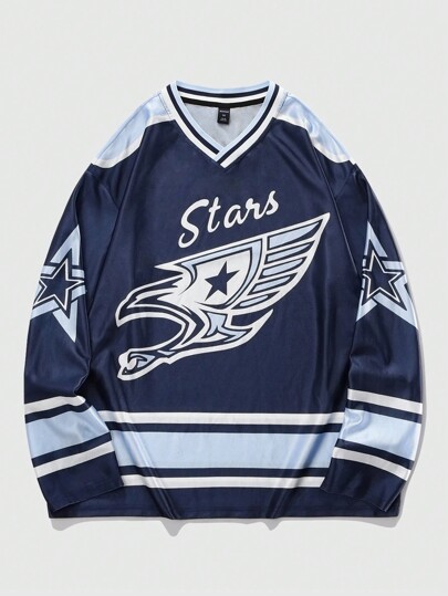 Prep T-shirt de hockey sur glace à manches longues avec imprimé couleur contrastée, automne