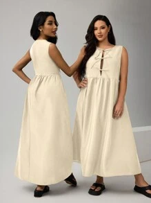 SHEIN Essnce Xuân Hè Hàng Mới Về Nơ Thắt Eo Không Tay Cơ Bản Thời Trang Đầm - Màu be - Xem 2