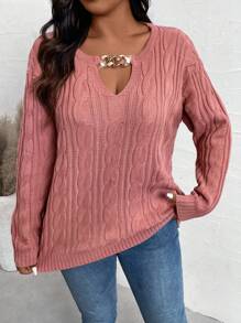 Calvaya Sweter damski w jednolitym kolorze, z łańcuszkiem i dekoltem w serek, w rozmiarze plus size, jesień/zima - Różowy - Zobacz 3