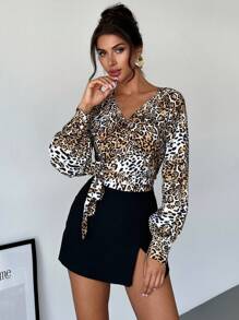 SHEIN Privé Women's Leopard Print Raglan Sleeve Cropped Tie Front Shirt, Elegant & Sexy Office Blouse - Multicolor - View 1