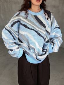 FRIFUL Women's Oversized Zebra Print Sweater Fall,Winter - Blue - View 3