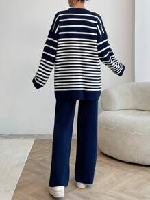 EURMUSE Women Irregular Stripe Pattern Round Neck Drop Shoulder Pullover & Sweater Pants Set - Navy Blue - View 2