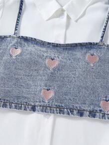 SHEIN Conjunto de ropa informal de 3 piezas para niña preadolescente, estilo Y2K, con camiseta de tirantes con bordado de corazón a juego con camisa y jeans