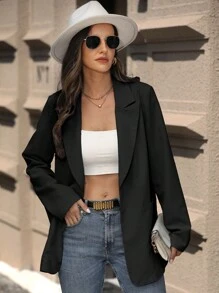 Chiquease Ladies' Solid Color Simple Suit Jacket - Black - View 6