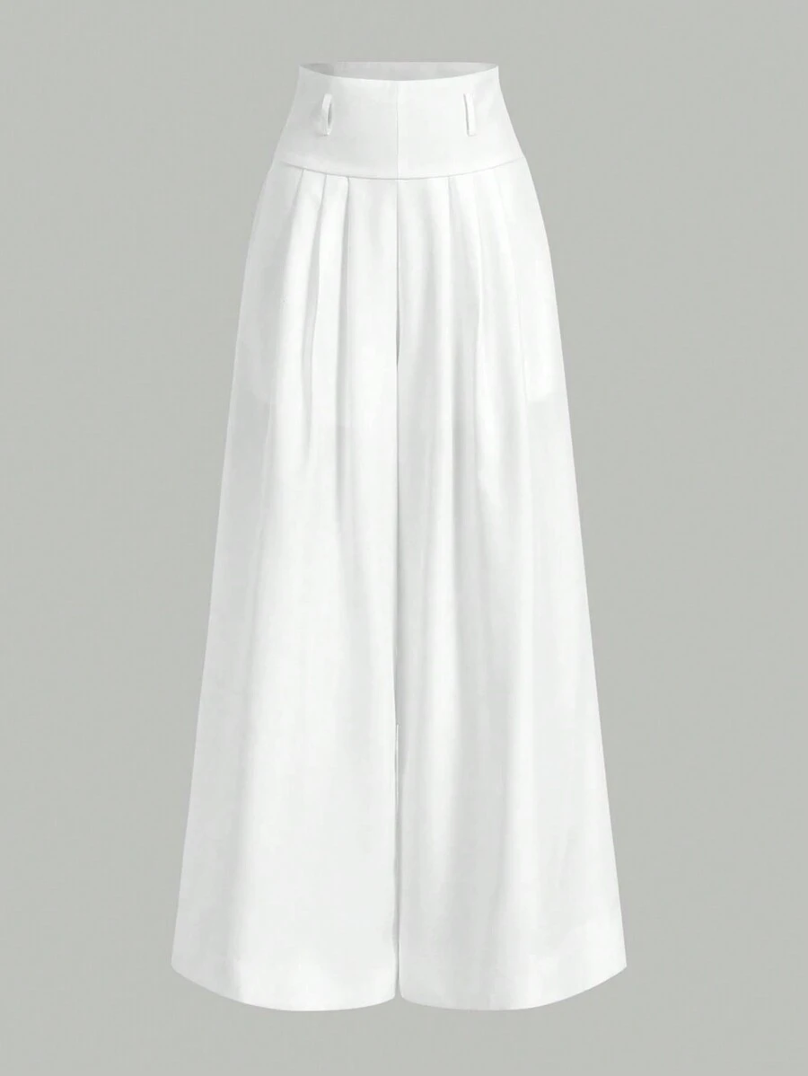 SHEIN Privé Pantalones blancos de pierna ancha y cintura alta para mujer - Blanco - Ver 1